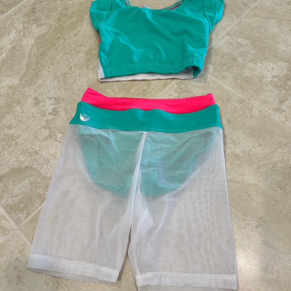 Teal and Pink Athletic Set with Mesh Shorts